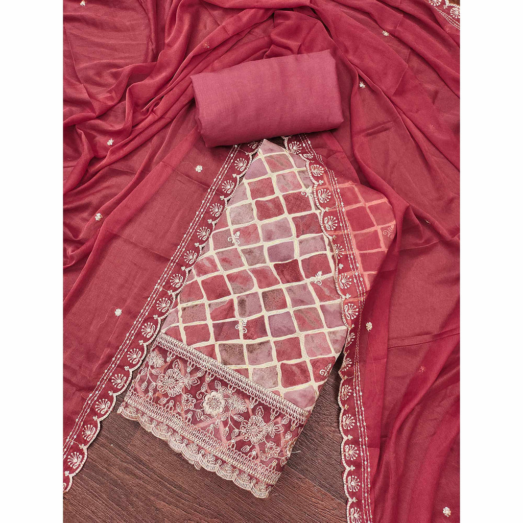 Pink Printed Dress Material In Pure Cotton With Intricate Sequins Embroidery Work