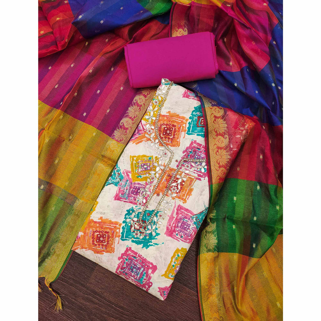 Pink Print & Delicate Moti With Gota Patti Work Cotton Silk Dress Material