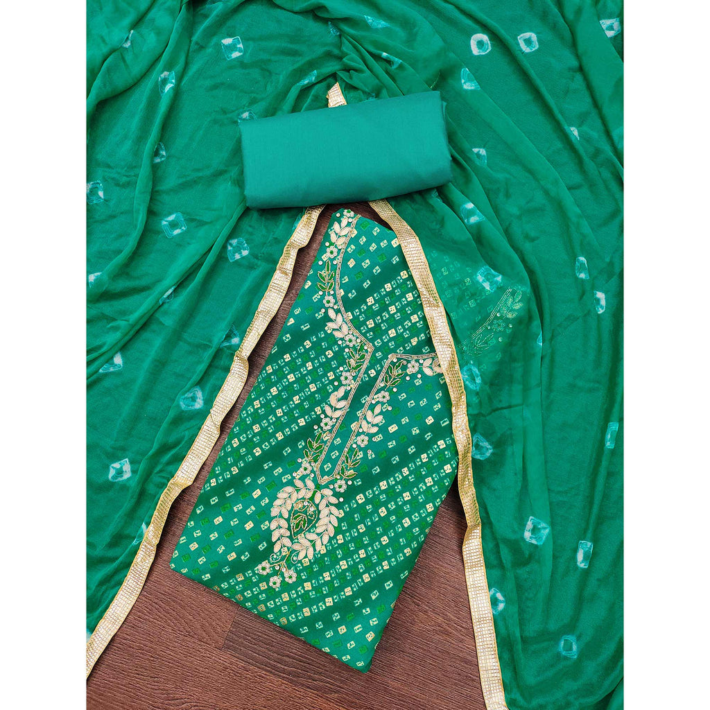 Green Bandhani Printed Pure Cotton Dress Material With Intricate Moti & Gota Patti Handwork