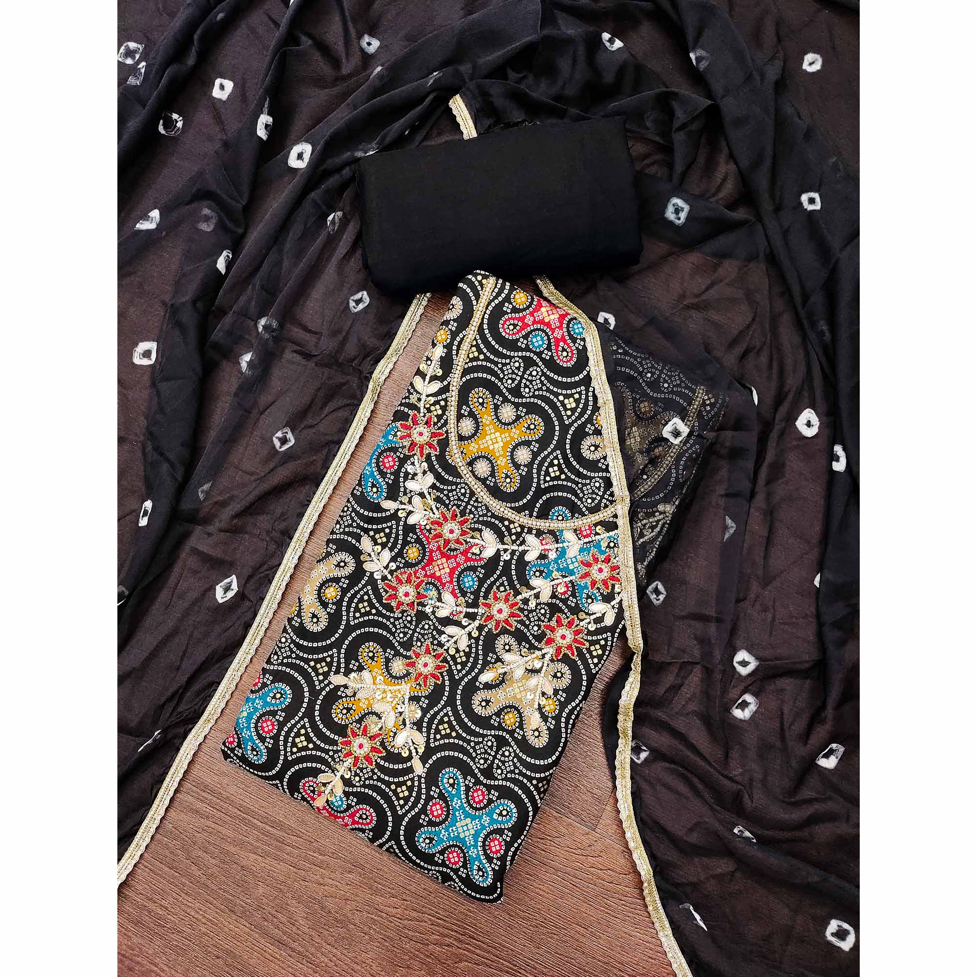Black Bandhani Printed Pure Cotton Dress Material With Delicate Moti & Gota Patti Handwork