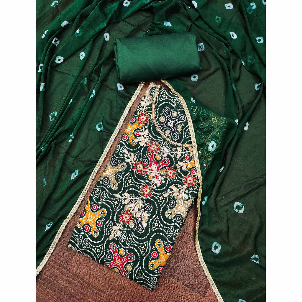 Green Bandhani Printed Pure Cotton Dress Material With Delicate Moti & Gota Patti Handwork