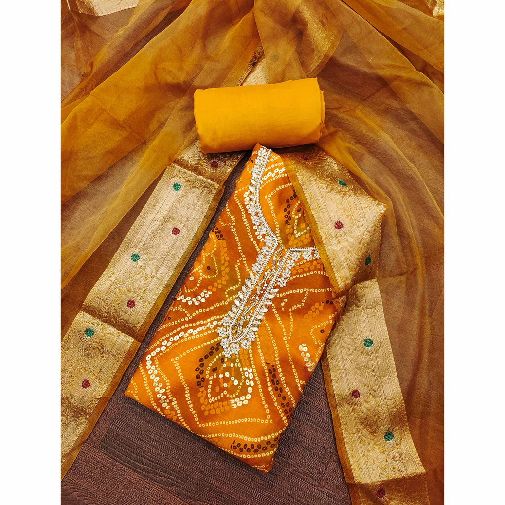 Mustard Bandhani Printed Pure Cotton Dress Material With Artistic Moti & Gota Patti Handwork