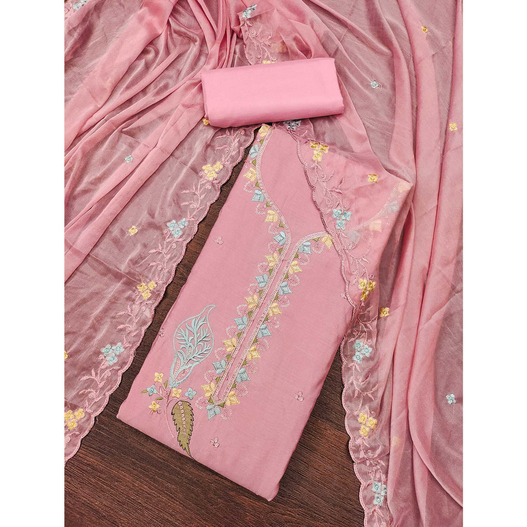 Peach Dress Material In Cotton Silk With Floral Embroidery & Sequin Accents