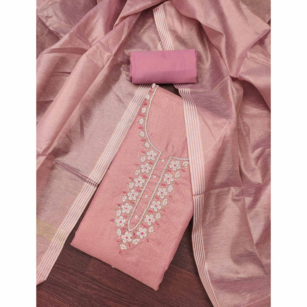 Dusty Rose Pink Shimmer Cotton  Pure Cotton Dress Material With Intricate Moti & Stones Handwork