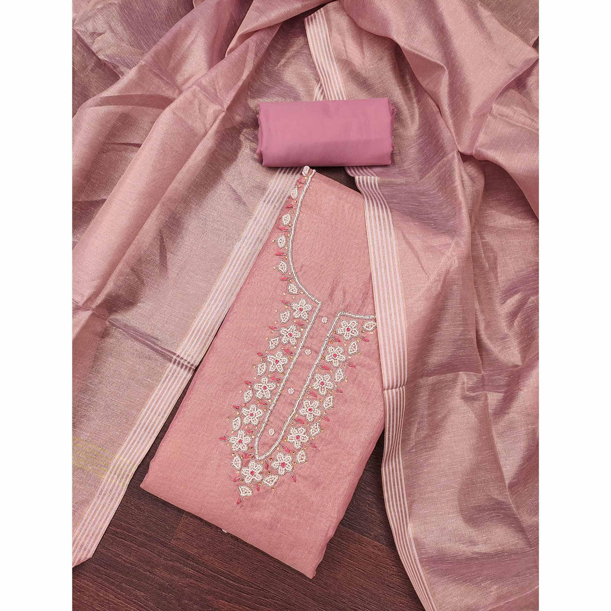 Dusty Rose Pink Shimmer Cotton  Pure Cotton Dress Material With Intricate Moti & Stones Handwork