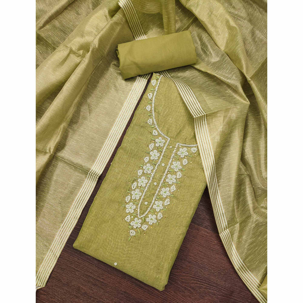 Green Shimmer Cotton  Pure Cotton Dress Material With Intricate Moti & Stones Handwork