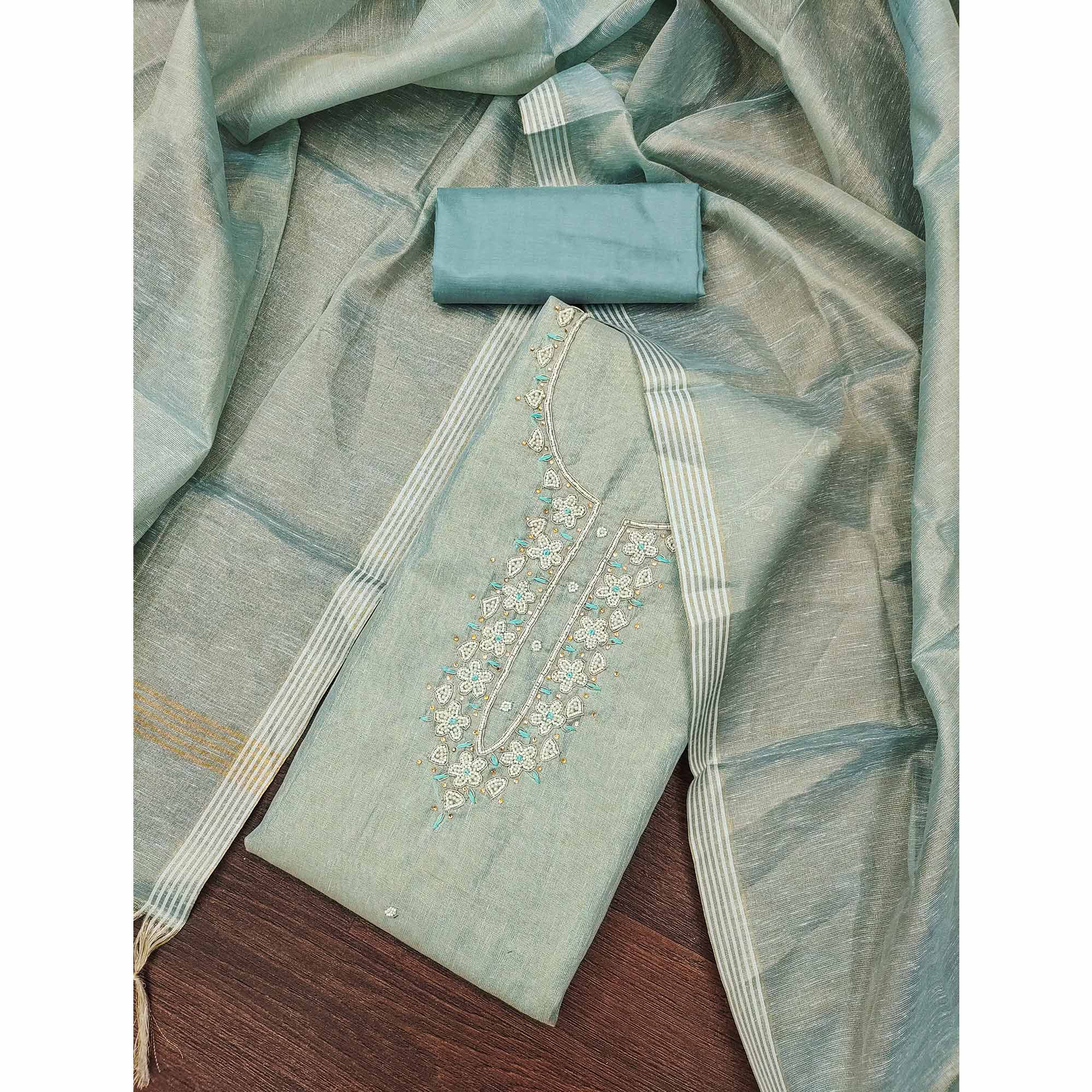 Pastel Sea Green Shimmer Cotton  Pure Cotton Dress Material With Intricate Moti & Stones Handwork