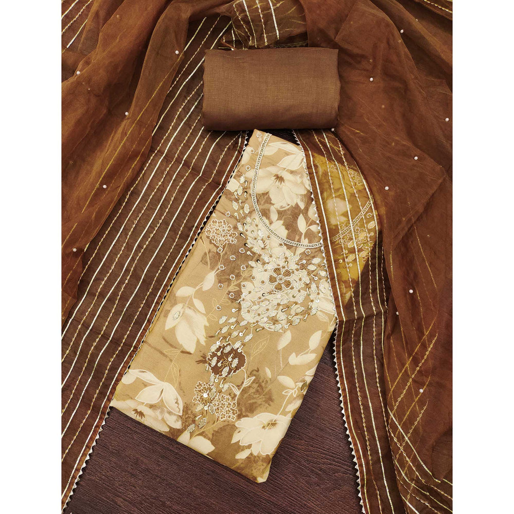 Brown Floral Printed With Intricate Moti & Sequins Handwork Cotton Silk Dress Material