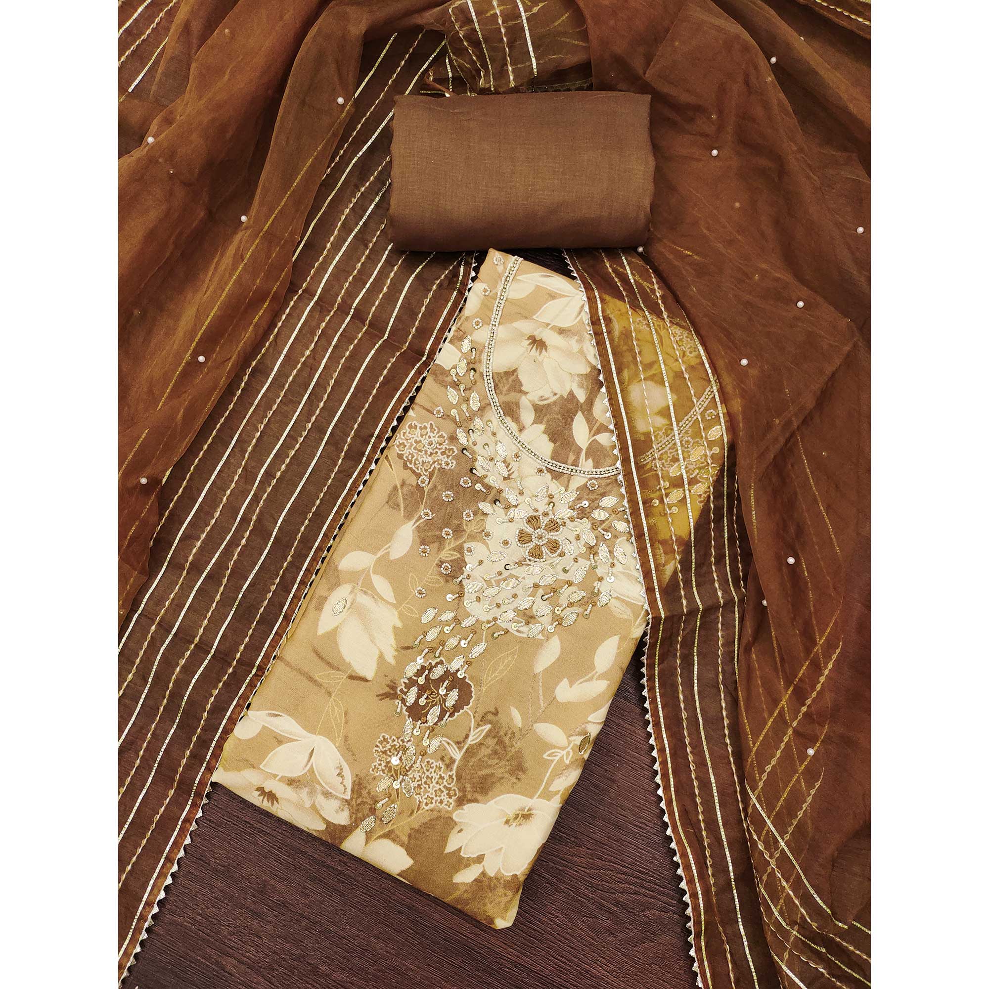 Brown Floral Printed With Intricate Moti & Sequins Handwork Cotton Silk Dress Material