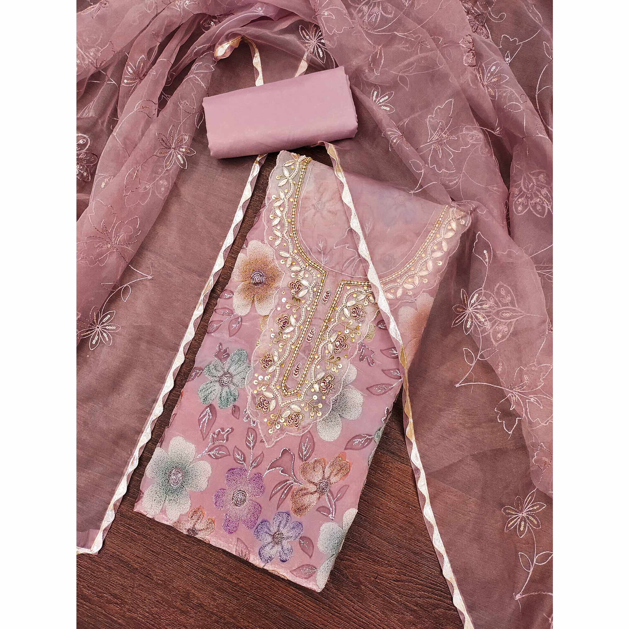 Peach Delight Floral Printed With Moti & Sequins Handwork Viscose Dress Material