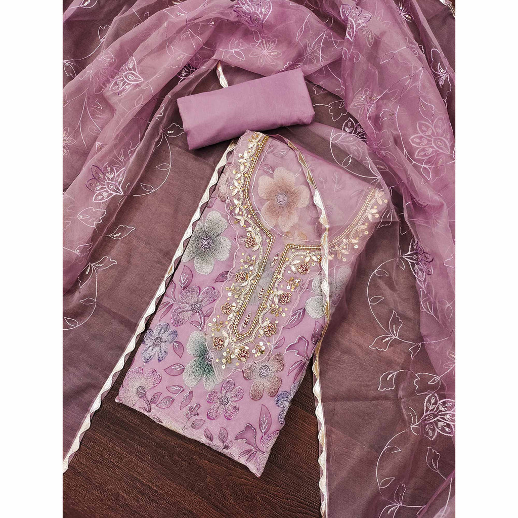 Pink Delight Floral Printed With Moti & Sequins Handwork Viscose Dress Material