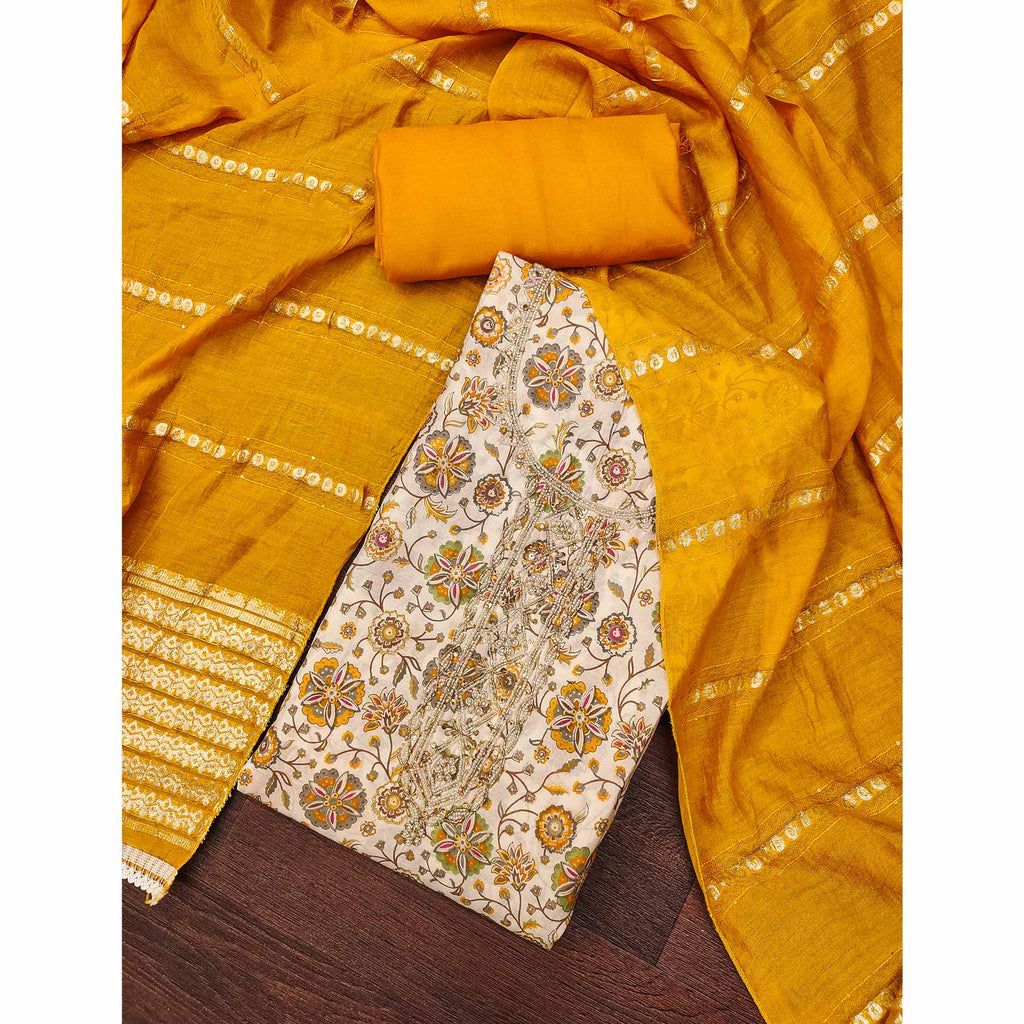 Mustard Floral Printed Roman Cotton Silk Dress Material With Intricate Moti & Sequins Handwork