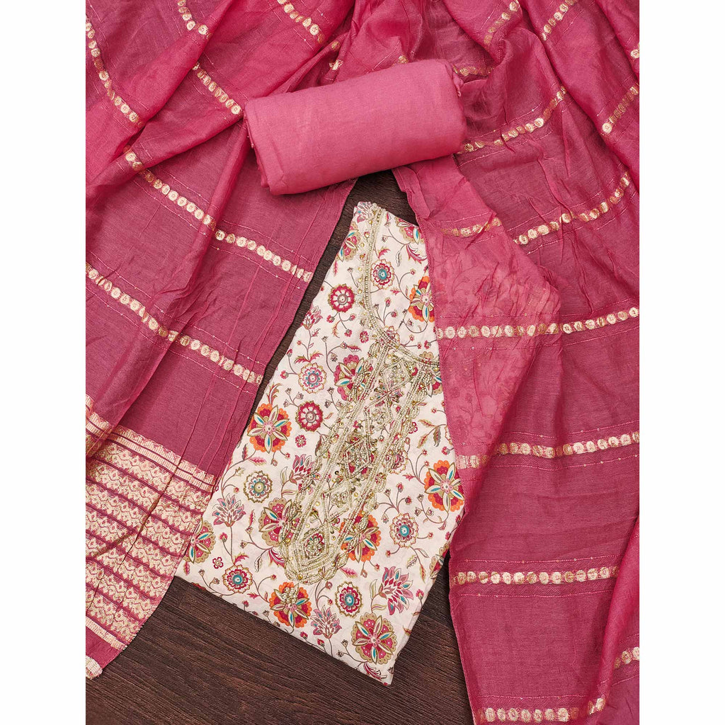 Pink Floral Printed Roman Cotton Silk Dress Material With Intricate Moti & Sequins Handwork