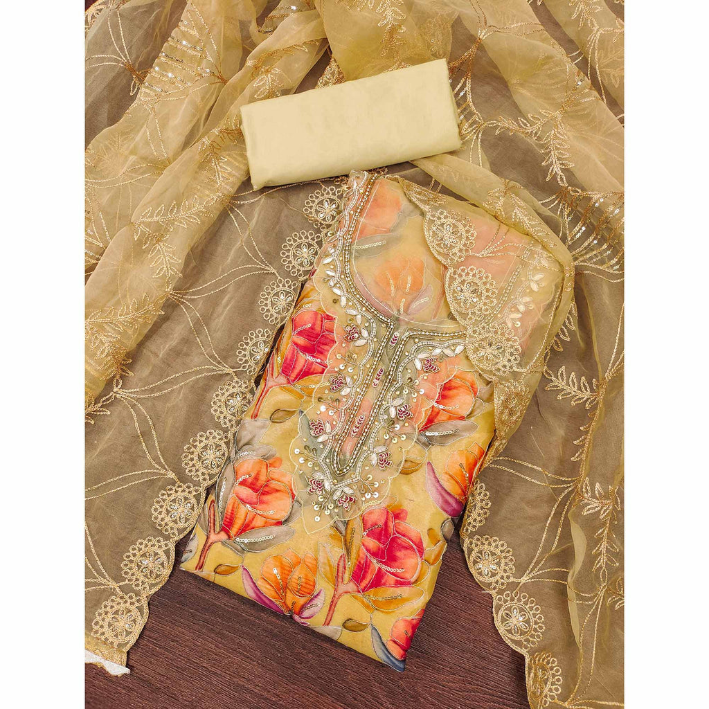 Chikoo Bloom Charm With Floral Print & Delicate Sequins & Moti Handwork Dress Material