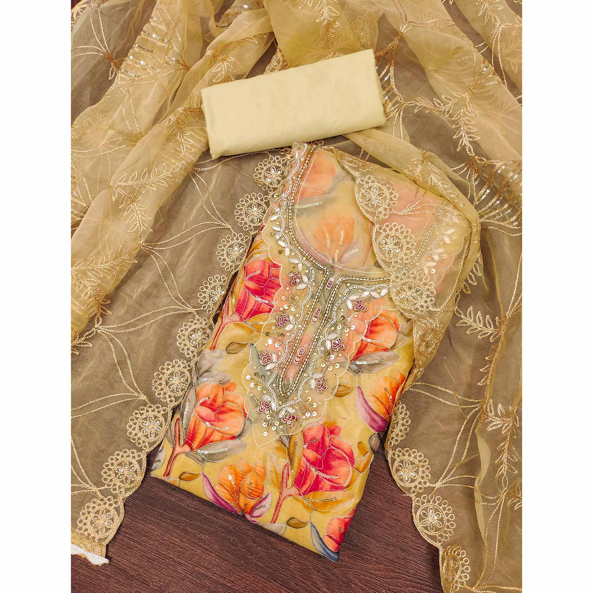 Chikoo Bloom Charm With Floral Print & Delicate Sequins & Moti Handwork Dress Material