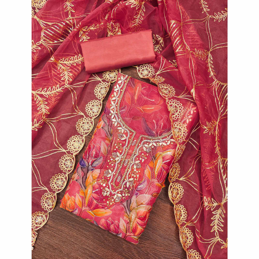 Gajri Pink Bloom Charm With Floral Print & Delicate Sequins & Moti Handwork Dress Material