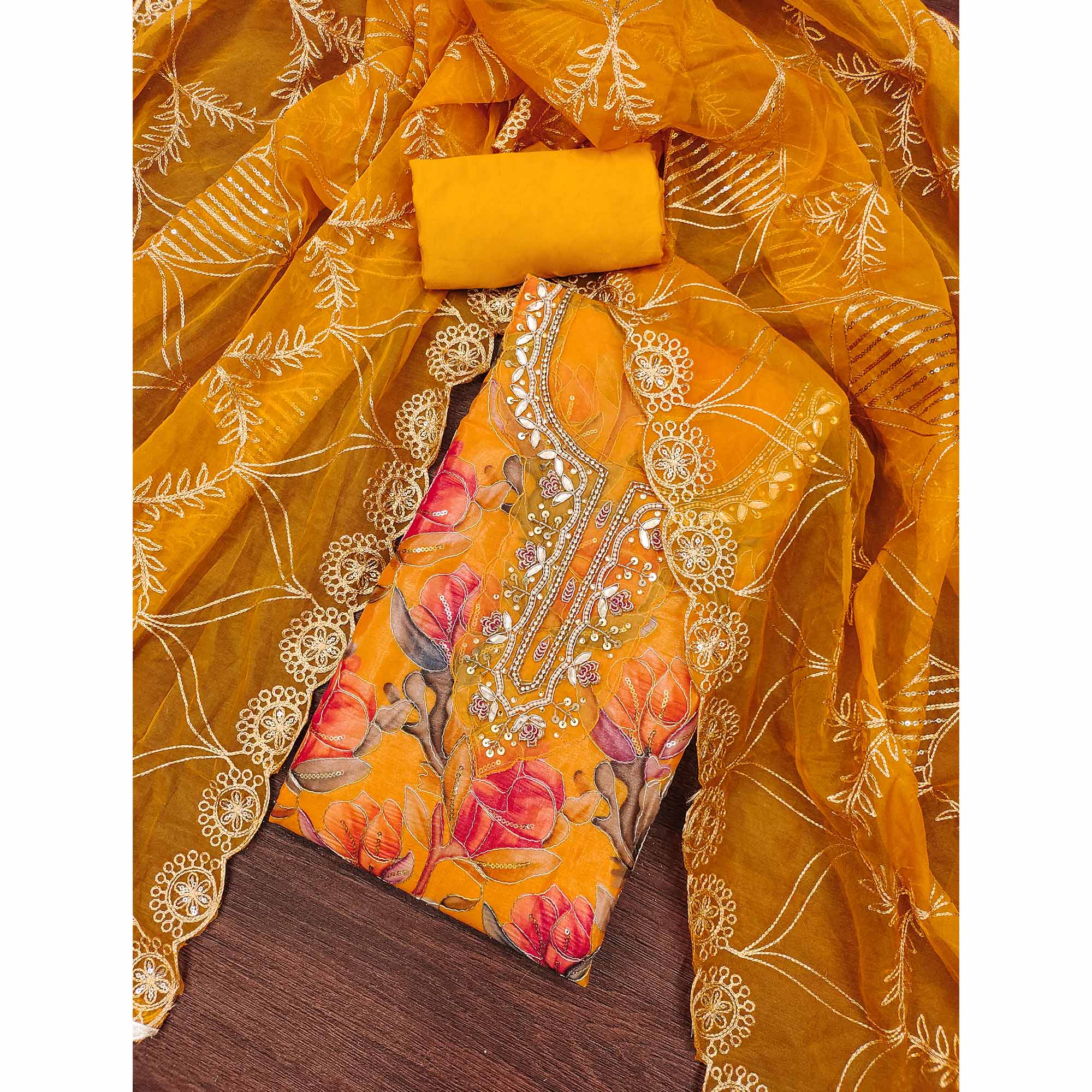 Mustard Bloom Charm With Floral Print & Delicate Sequins & Moti Handwork Dress Material