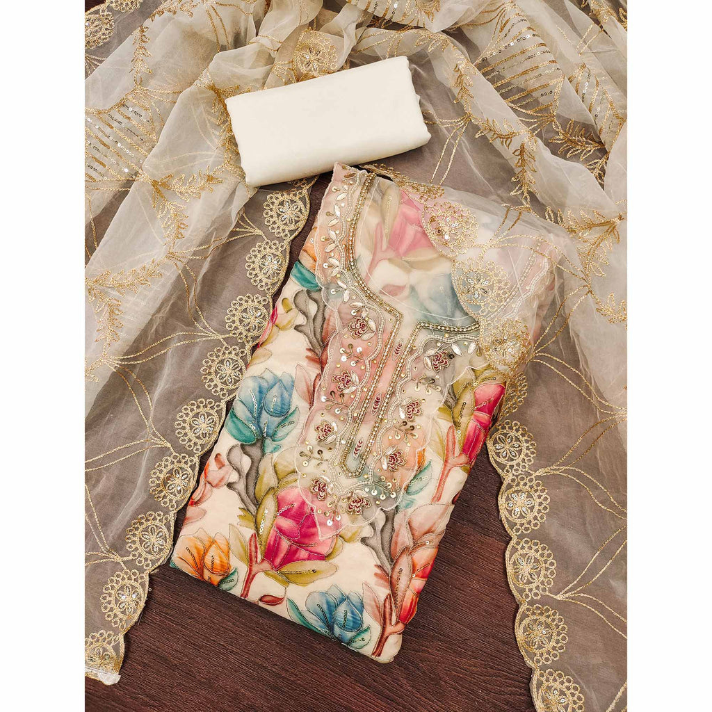 Offwhite Bloom Charm With Floral Print & Delicate Sequins & Moti Handwork Dress Material