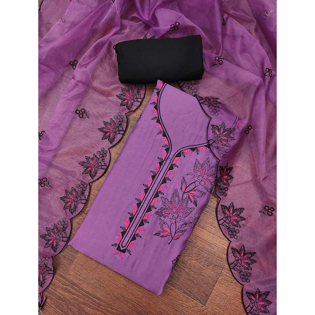 Orchid Purple Cotton Silk Dress Material With Intricate Floral Thread Embroidery