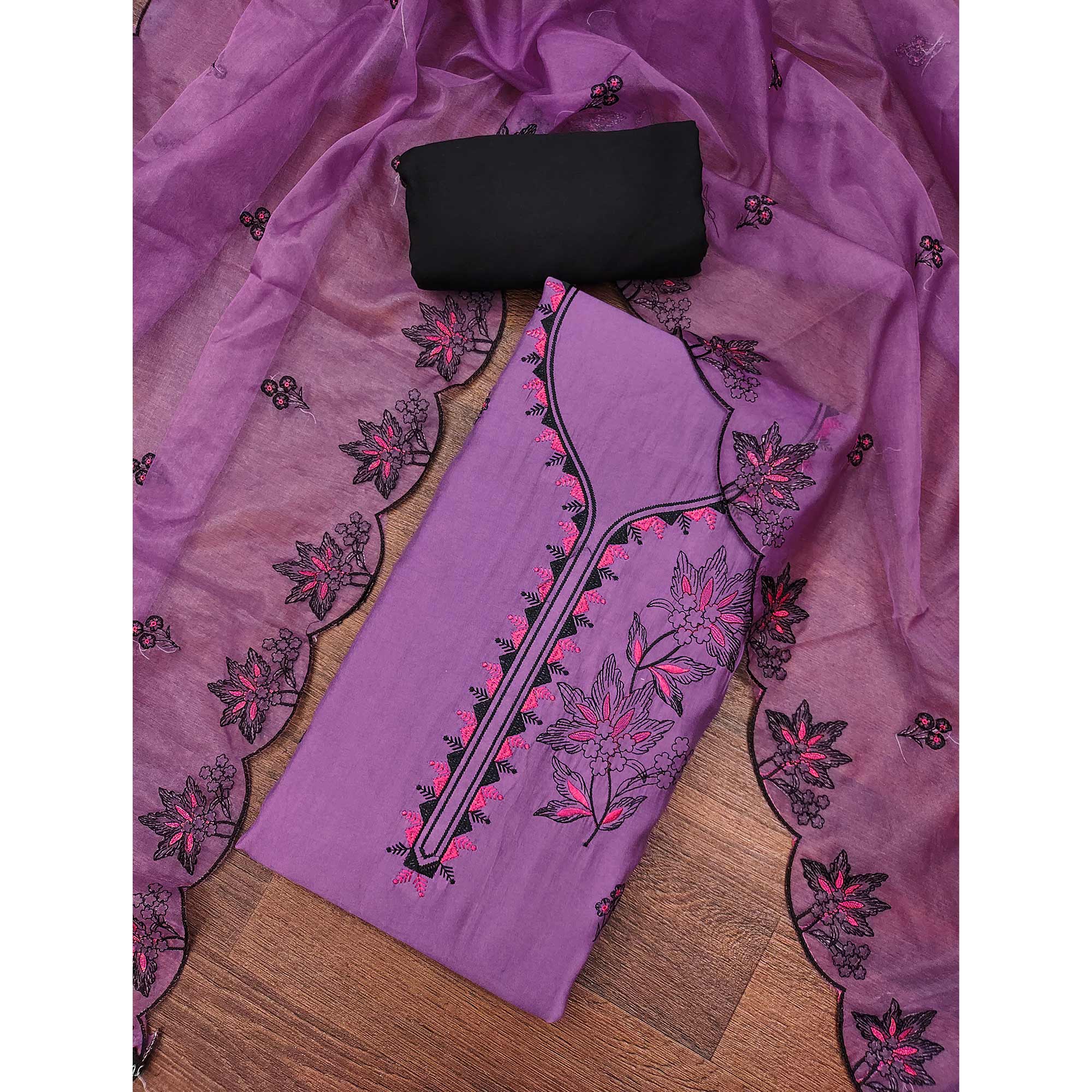 Orchid Purple Cotton Silk Dress Material With Intricate Floral Thread Embroidery