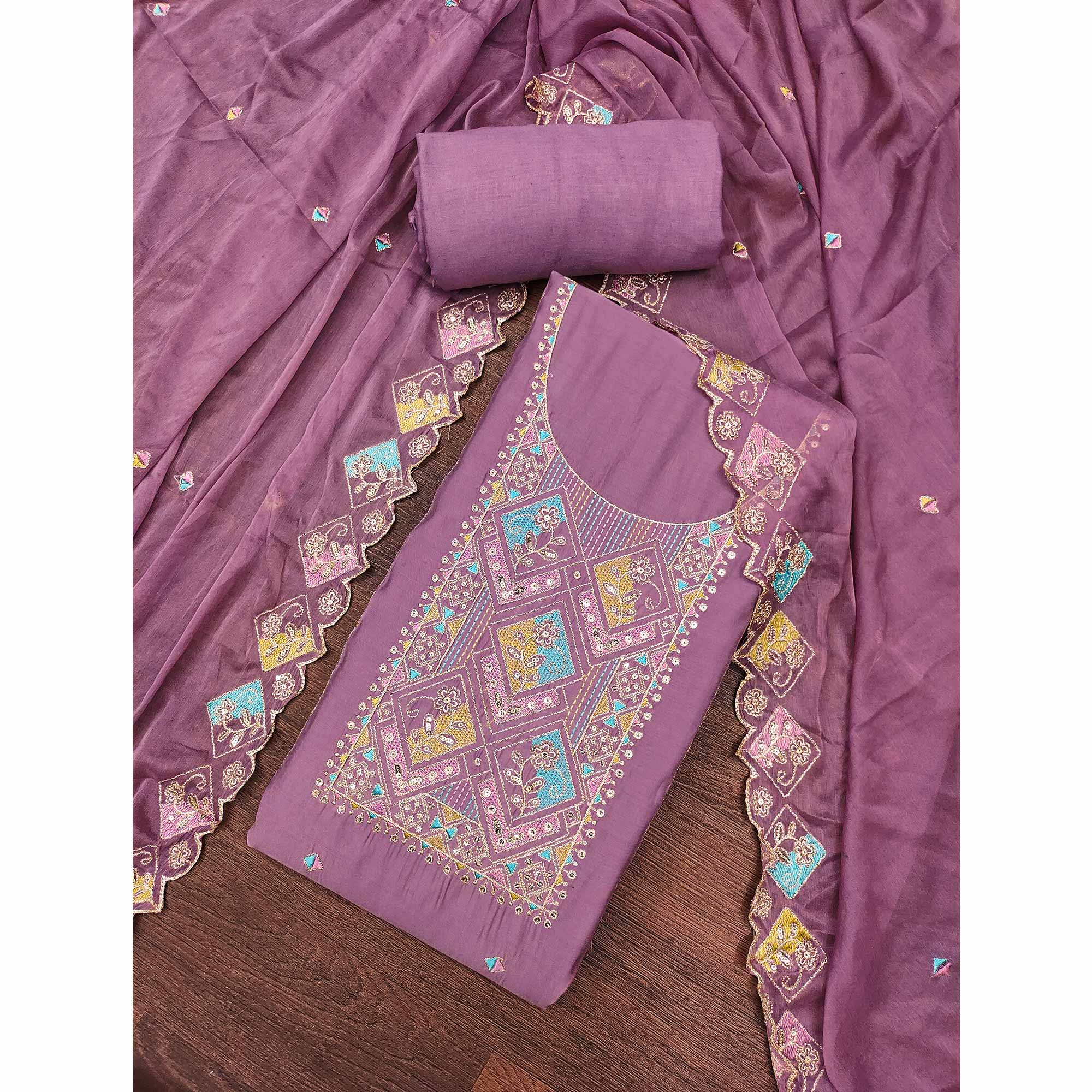 Dusty Mauve Floral Embroidered Cotton Silk Dress Material With Glimmering Sequins Work
