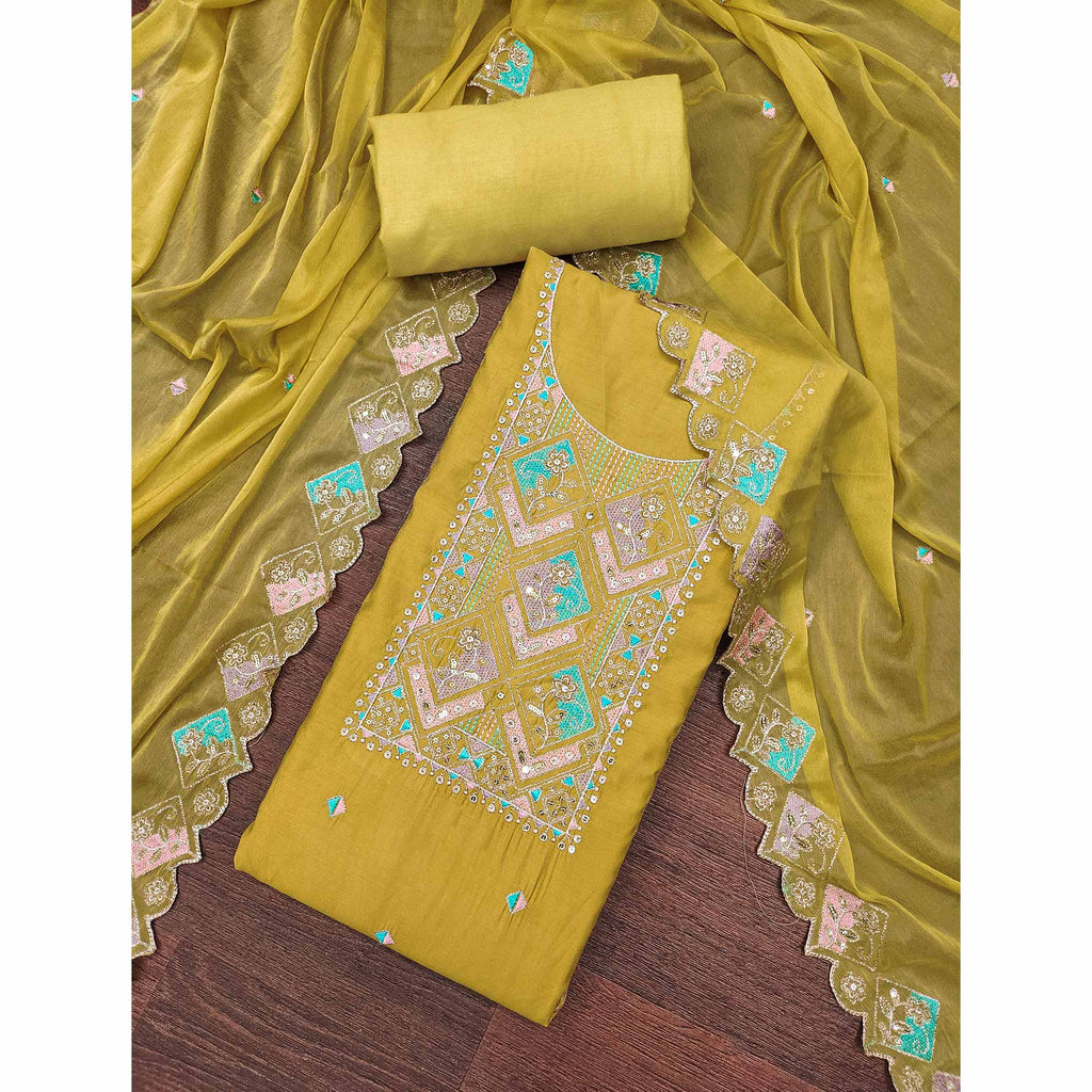 Mustard Floral Embroidered Cotton Silk Dress Material With Glimmering Sequins Work