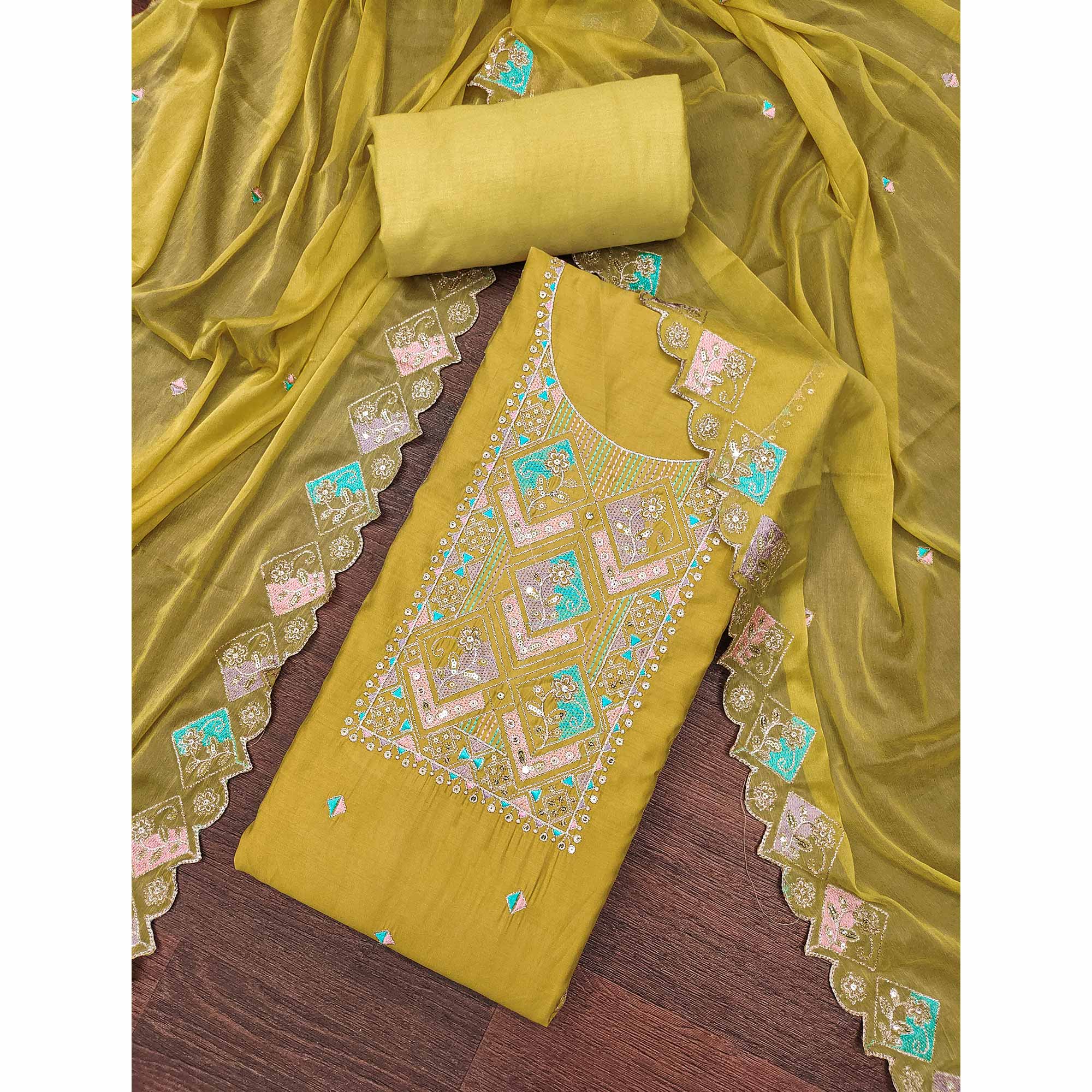 Mustard Floral Embroidered Cotton Silk Dress Material With Glimmering Sequins Work