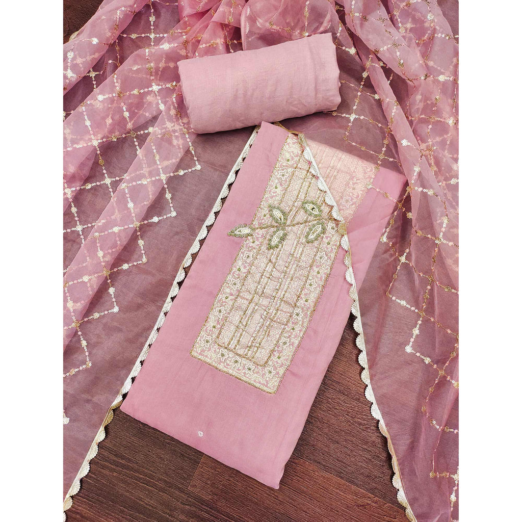 Peach Woven With Intricate Moti Handwork Banarasi Cotton Dress Material