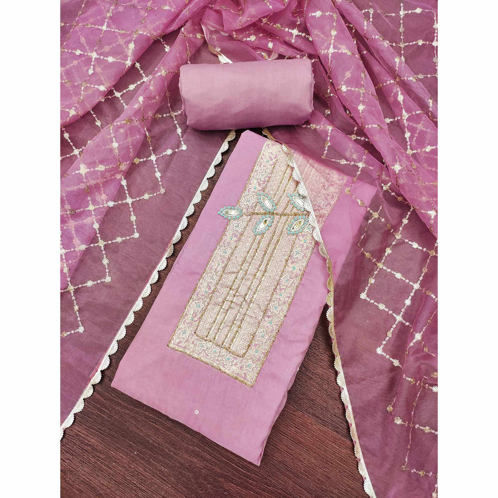 Pink Woven With Intricate Moti Handwork Banarasi Cotton Dress Material