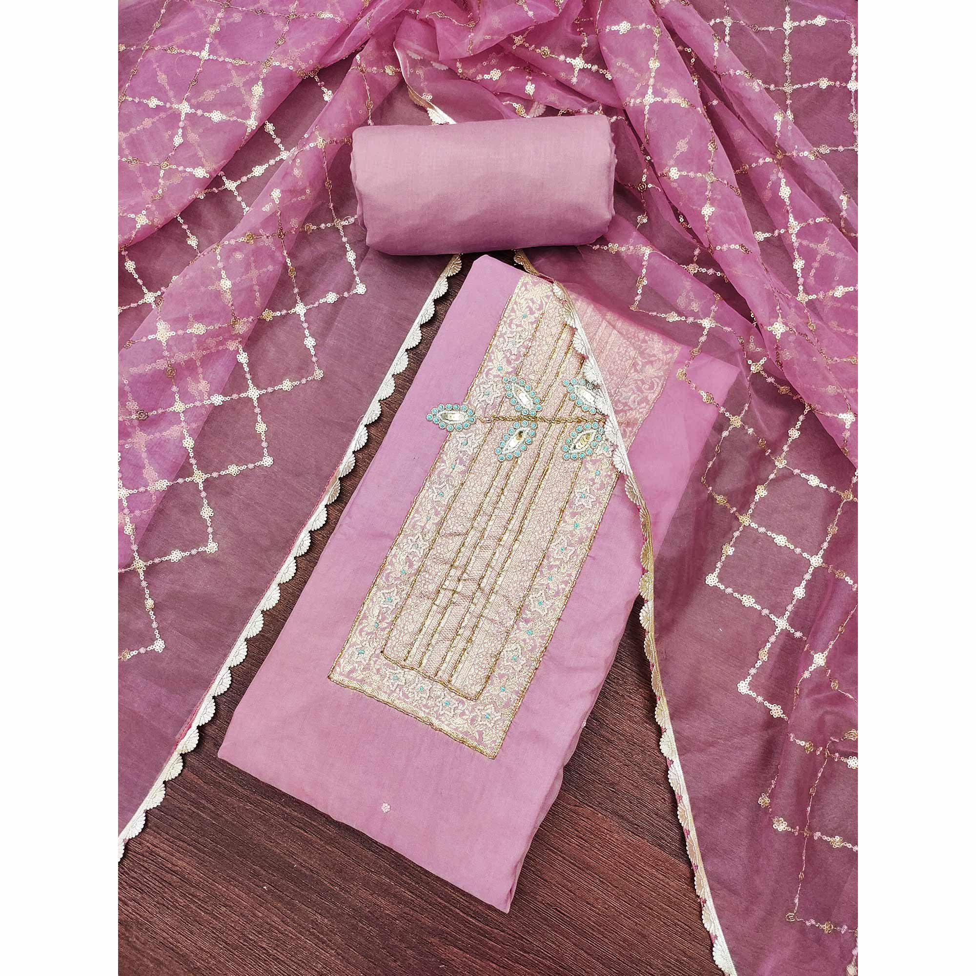 Pink Woven With Intricate Moti Handwork Banarasi Cotton Dress Material
