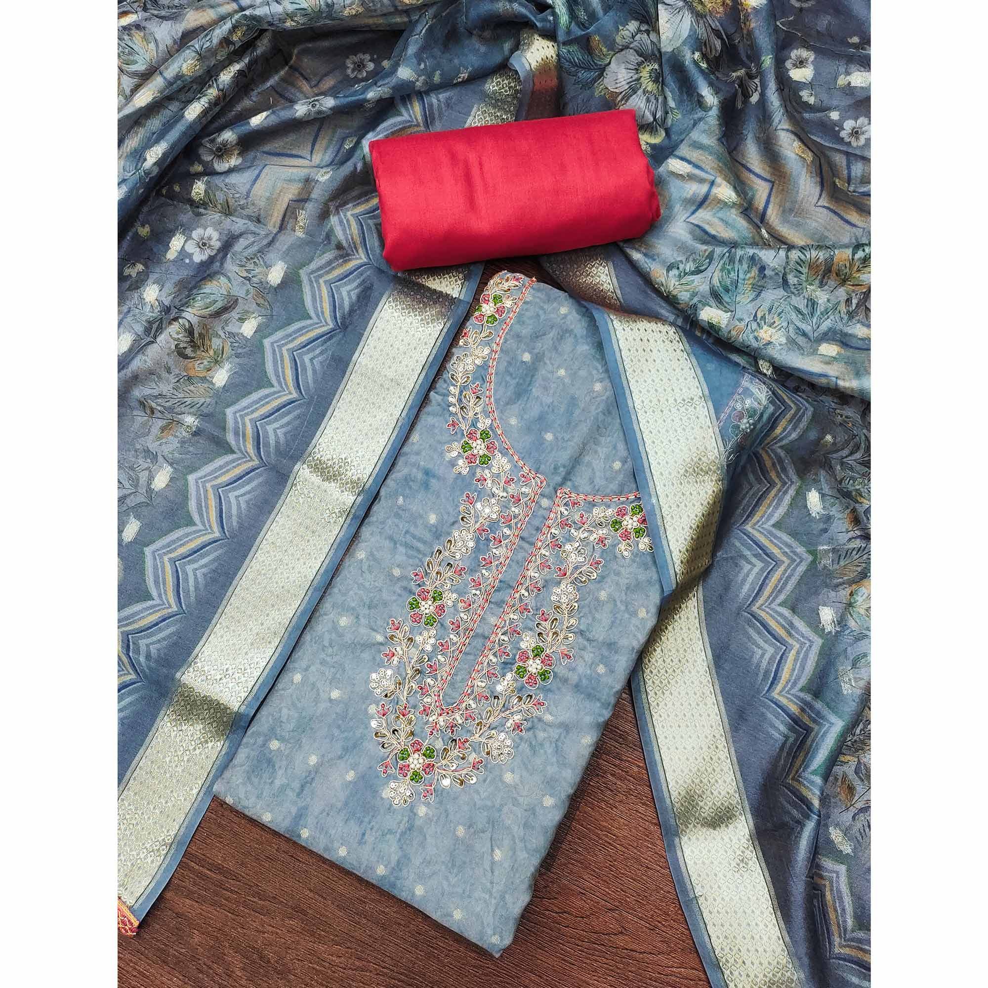 Blue Digital Printed Cotton Silk Dress Material With Intricate Moti & Sequins Handwork