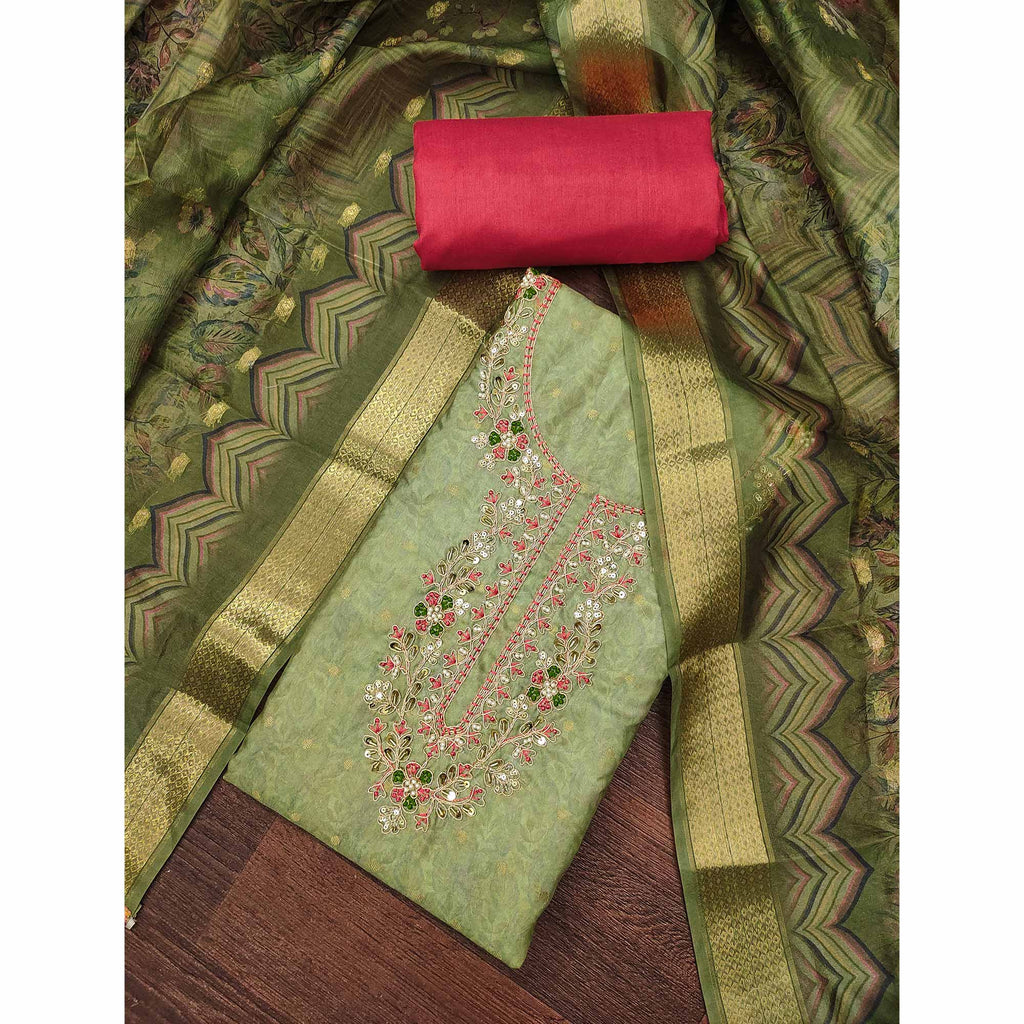 Green Digital Printed Cotton Silk Dress Material With Intricate Moti & Sequins Handwork