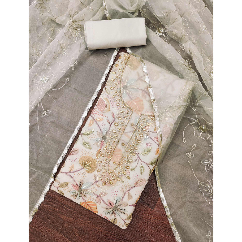 Cream Floral Elegance Dress Material With Handwork & Sequins On Organza
