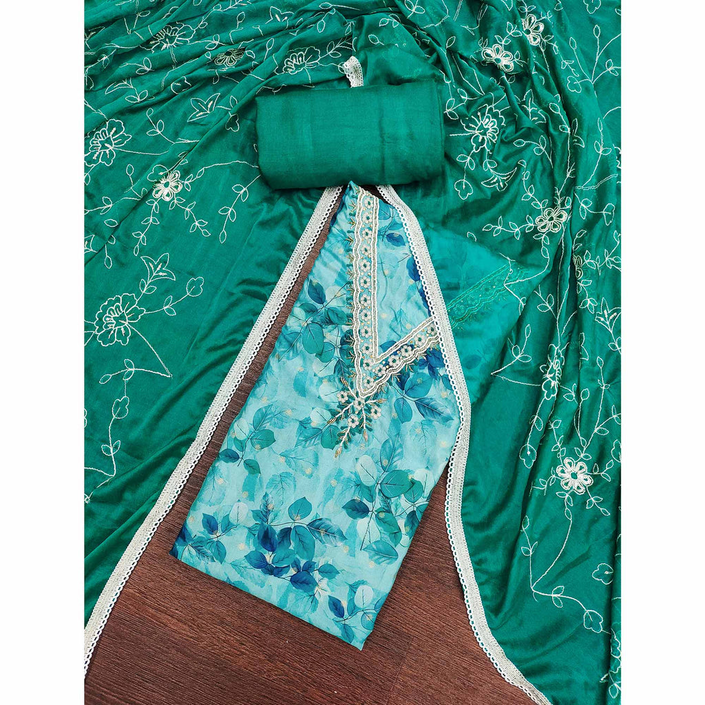 Blue Banarasi Silk Dress Material With Digital Print & Moti Handwork