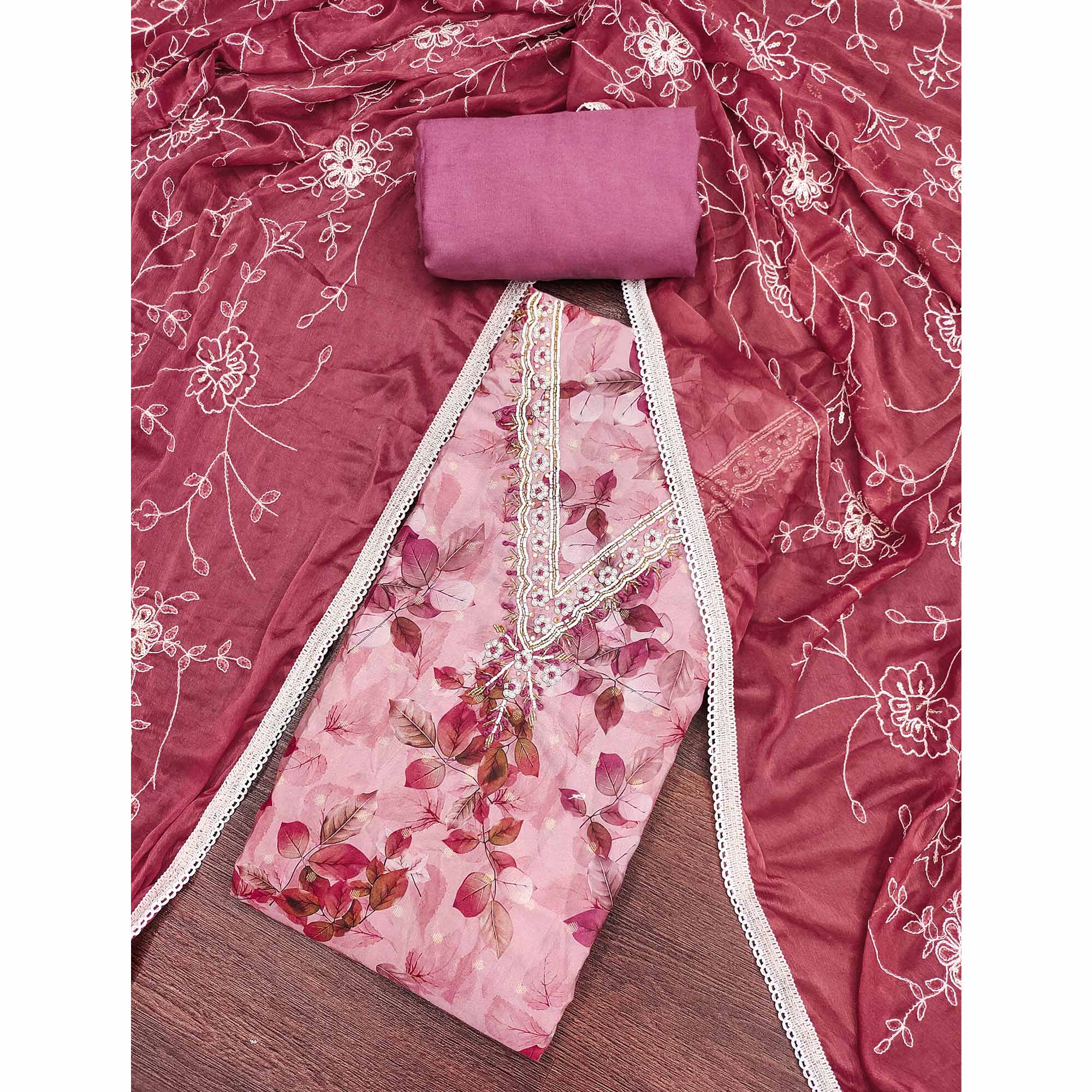 Peach Banarasi Silk Dress Material With Digital Print & Moti Handwork