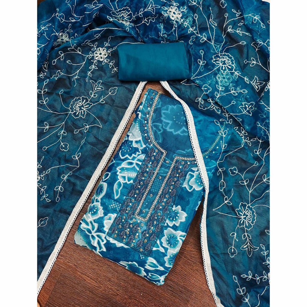 Blue Delicate Floral Sequins & Hand Embellishments On Flowing Organza Dress Material