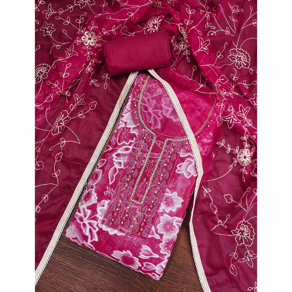 Pink Delicate Floral Sequins & Hand Embellishments On Flowing Organza Dress Material