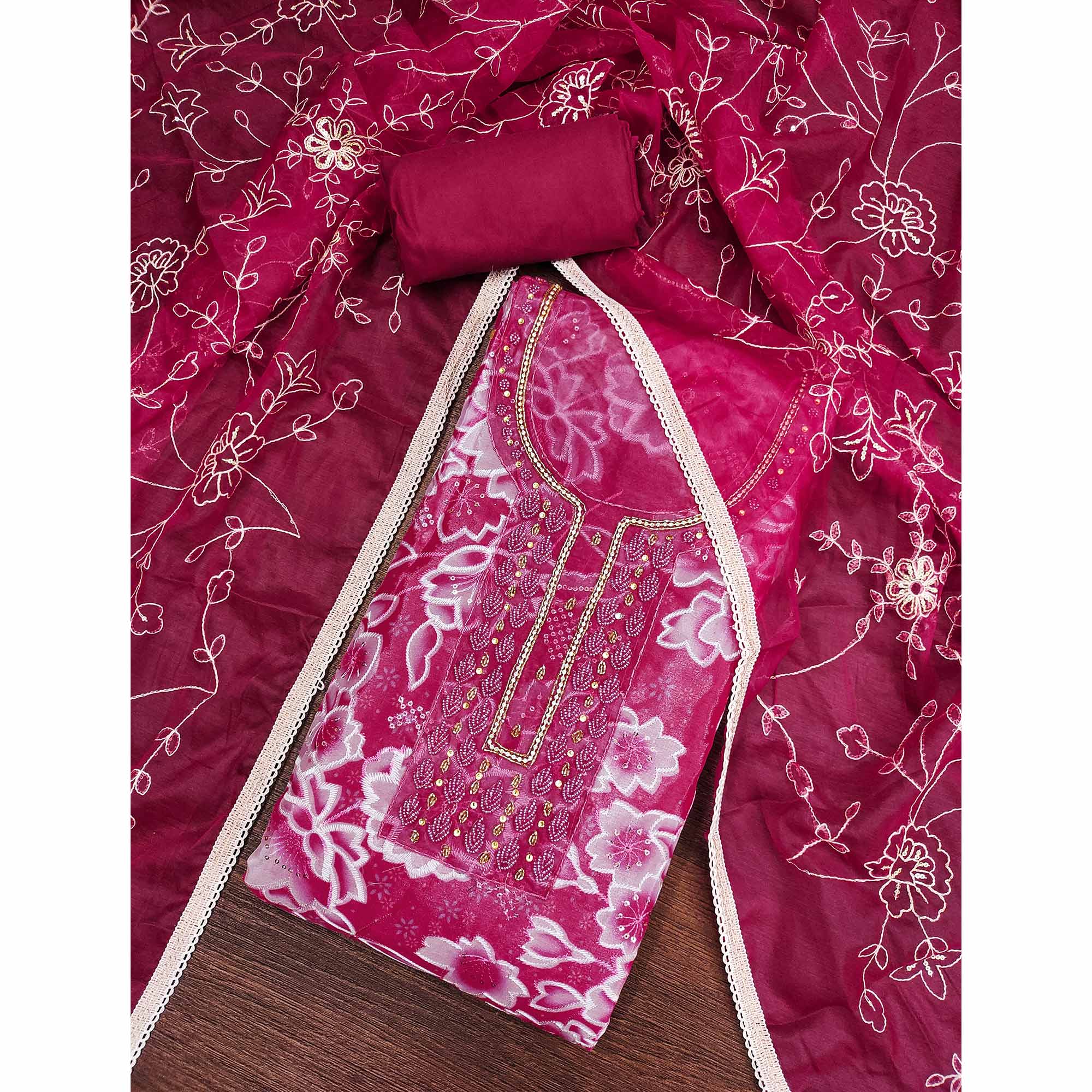 Pink Delicate Floral Sequins & Hand Embellishments On Flowing Organza Dress Material