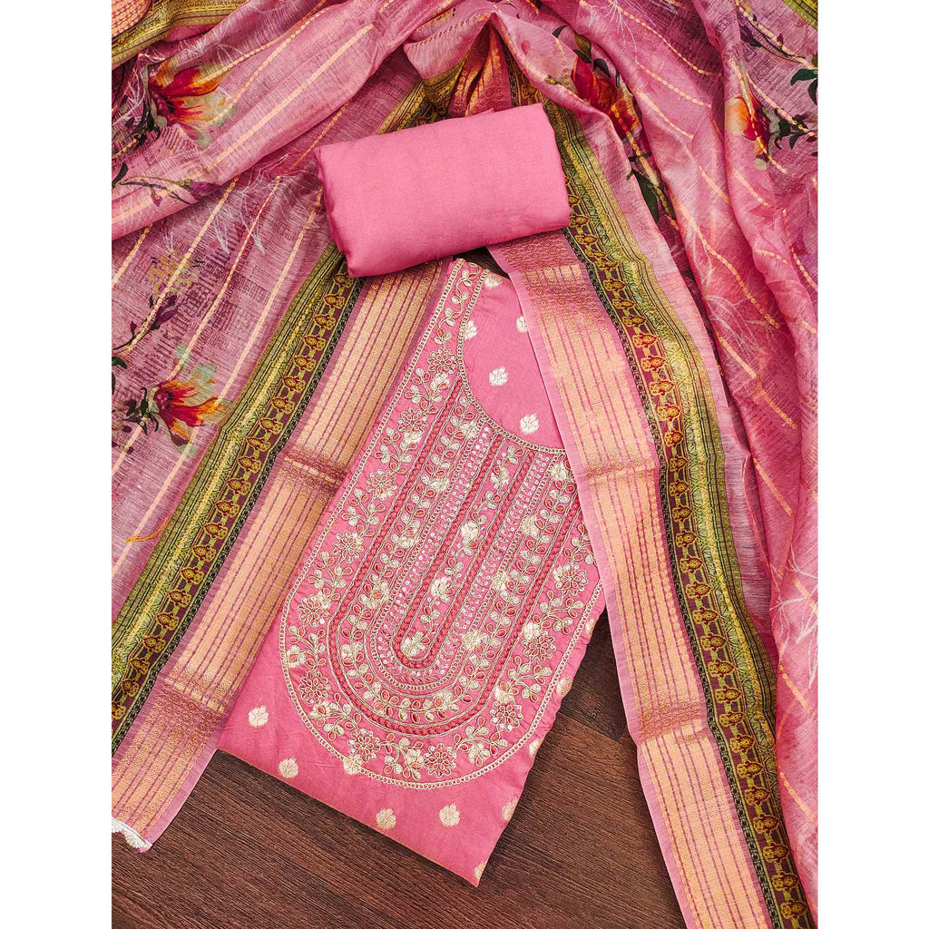 Gajari Pink Woven Banarasi Cotton Silk Dress Material Accented With Sequins Embroidery