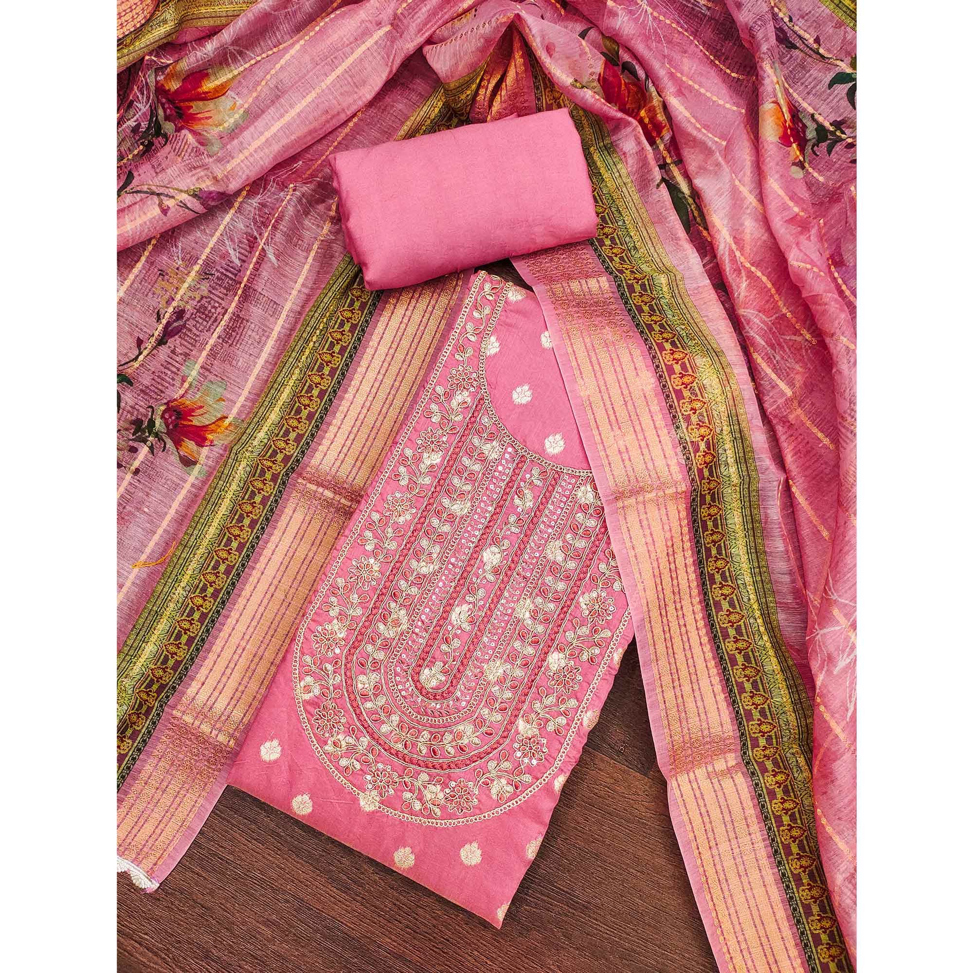 Gajari Pink Woven Banarasi Cotton Silk Dress Material Accented With Sequins Embroidery