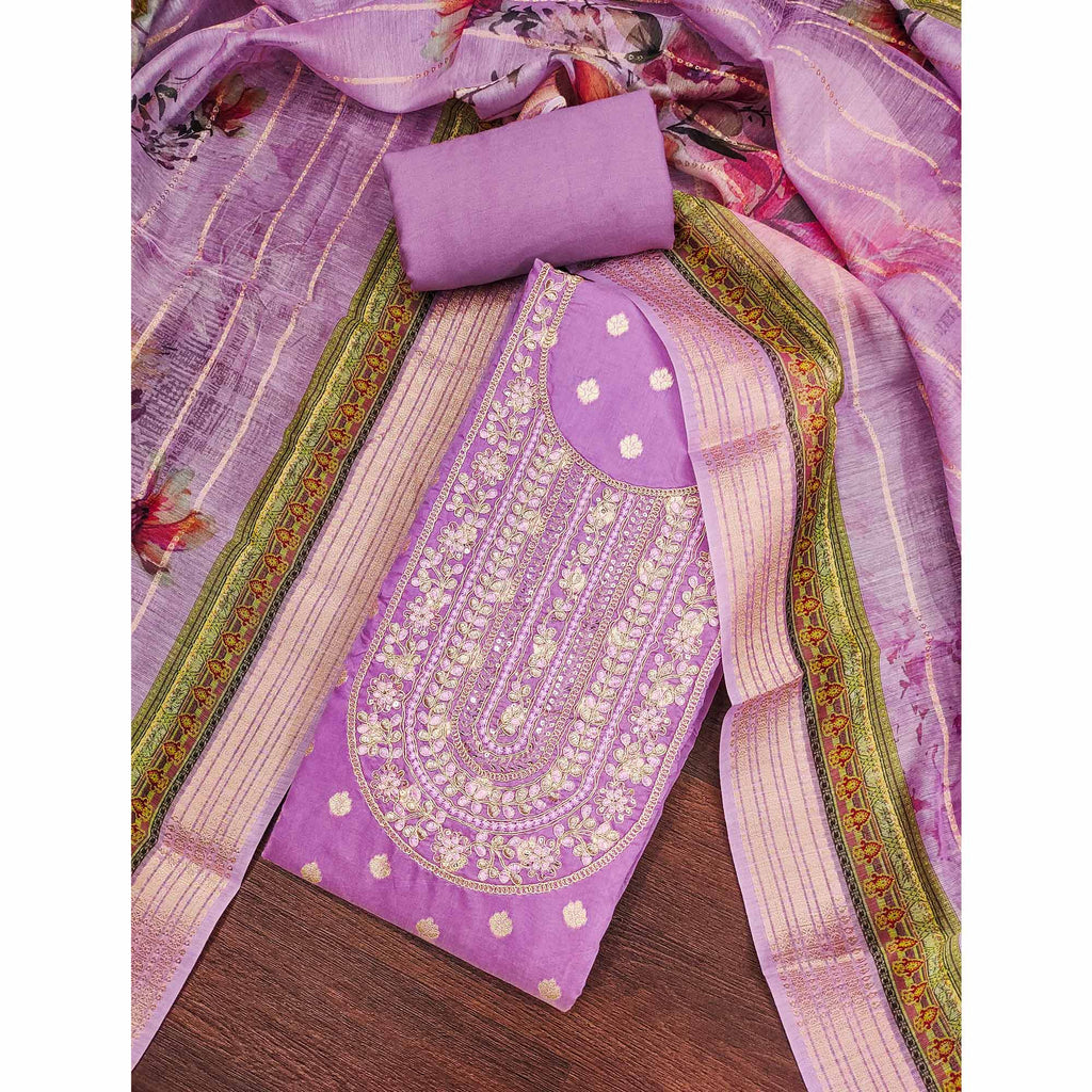 Lavender Woven Banarasi Cotton Silk Dress Material Accented With Sequins Embroidery