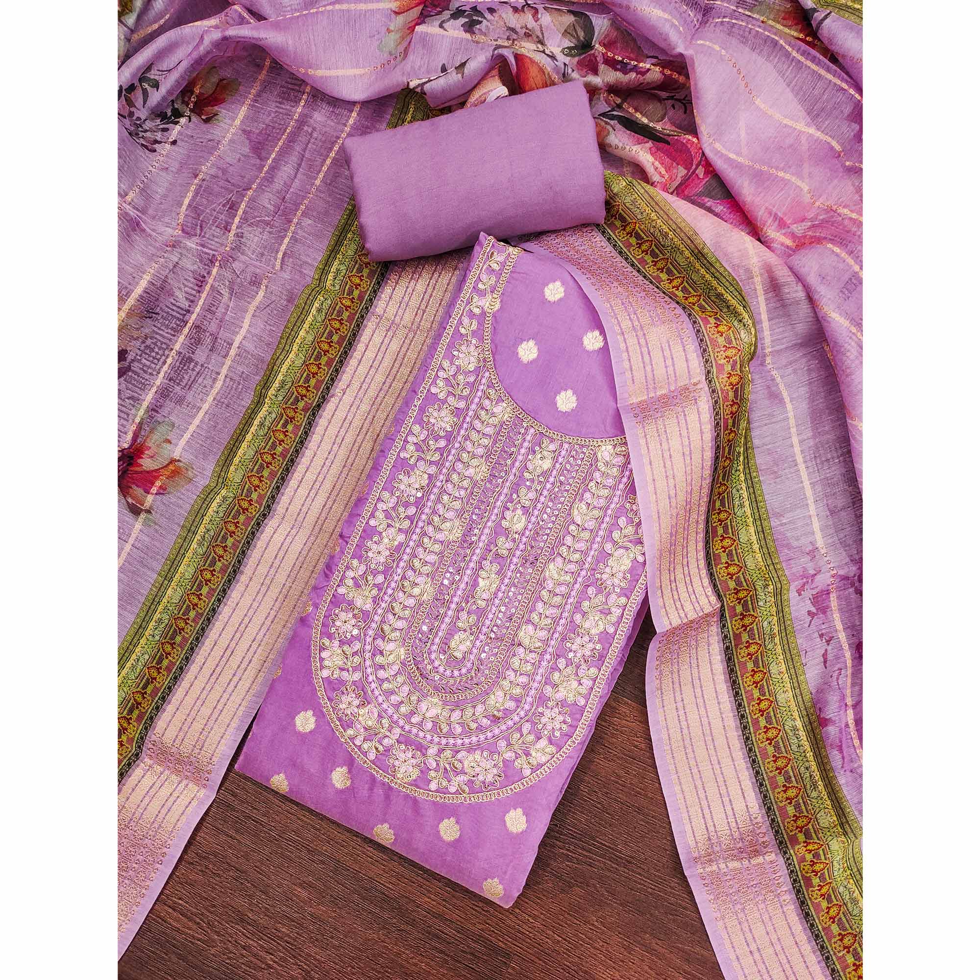 Lavender Woven Banarasi Cotton Silk Dress Material Accented With Sequins Embroidery