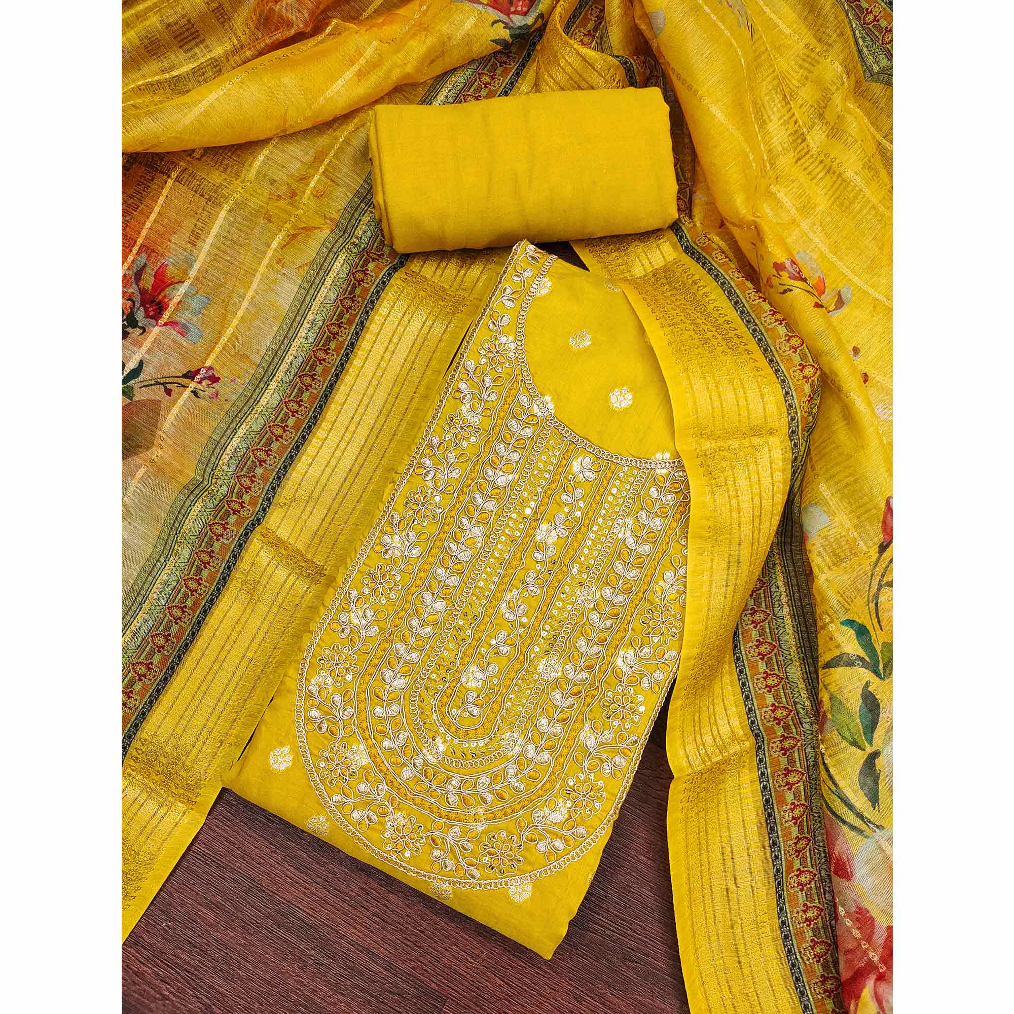 Mustard Woven Banarasi Cotton Silk Dress Material Accented With Sequins Embroidery