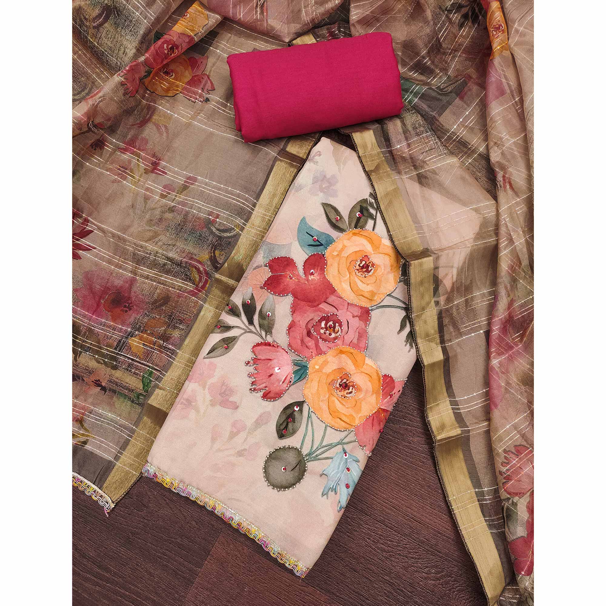 Beige Pure Cotton Dress Material With Floral Digital Print & Fine Handwork