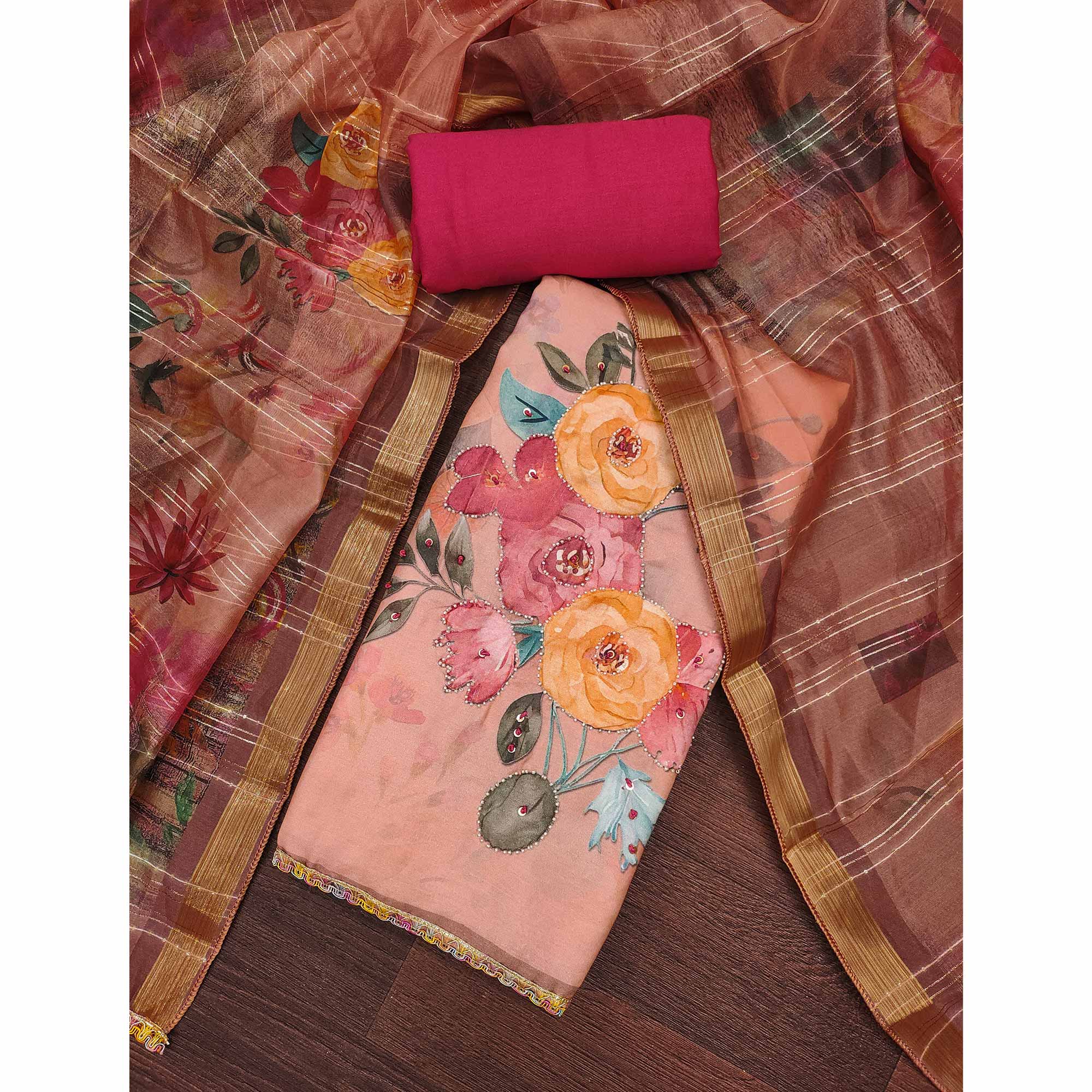 Peach Pure Cotton Dress Material With Floral Digital Print & Fine Handwork