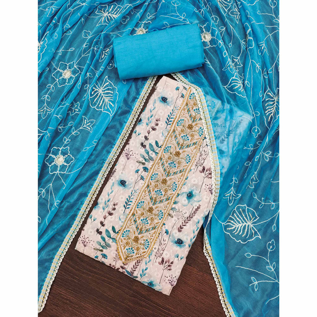 Blue Pure Cotton Dress Material With Digital Florals & Handcrafted Sequins Embroidery