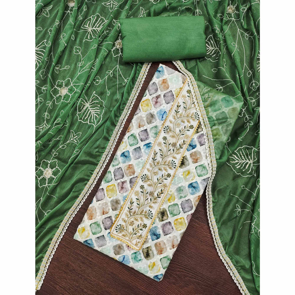 Green Digital Printed With Sequins Embroidery & Handwork Pure Cotton Dress Material
