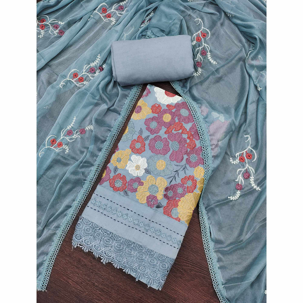 Grey Roman Cotton Silk Dress Material Adorned With Elegant Floral Thread Embroidered Work