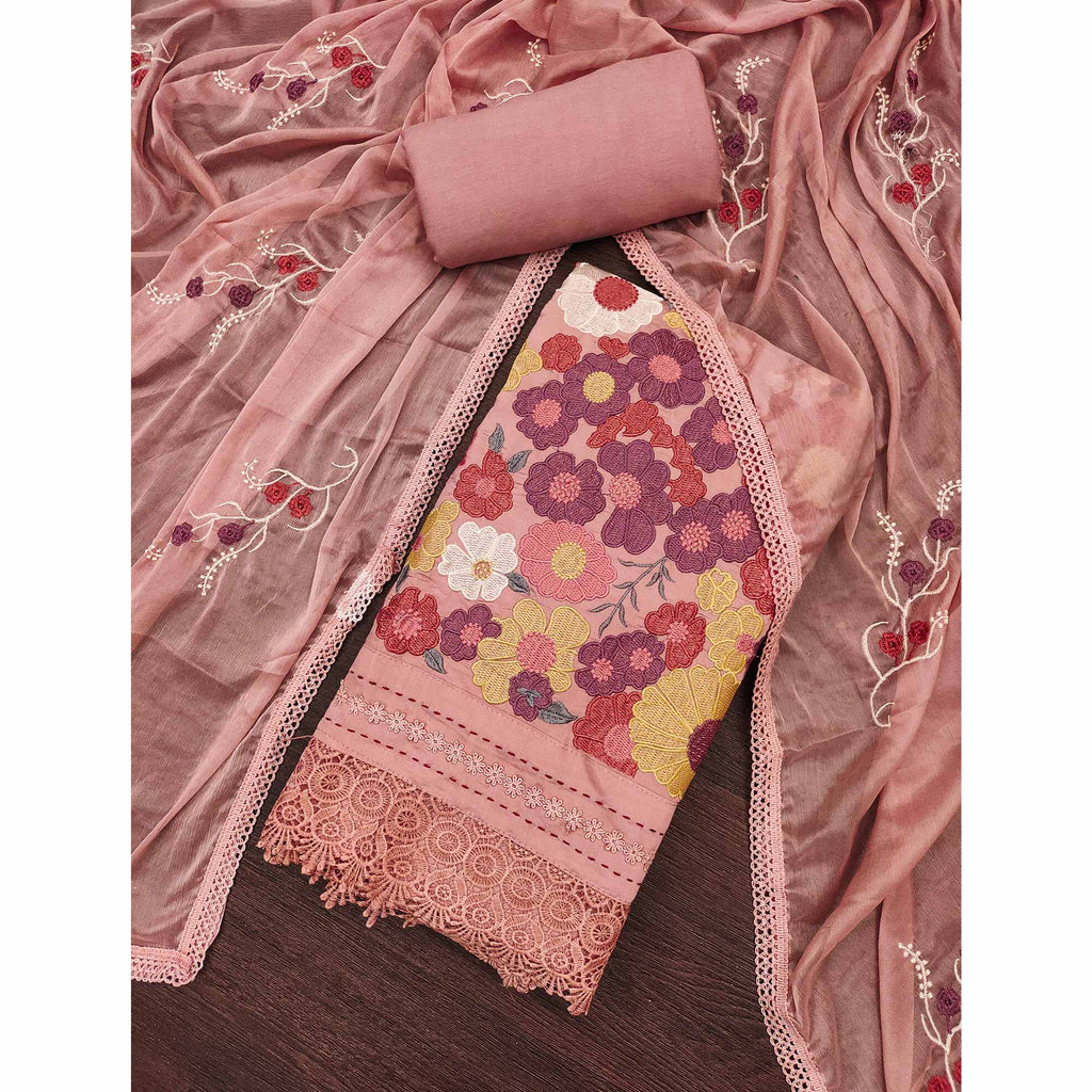 Peach Roman Cotton Silk Dress Material Adorned With Elegant Floral Thread Embroidered Work