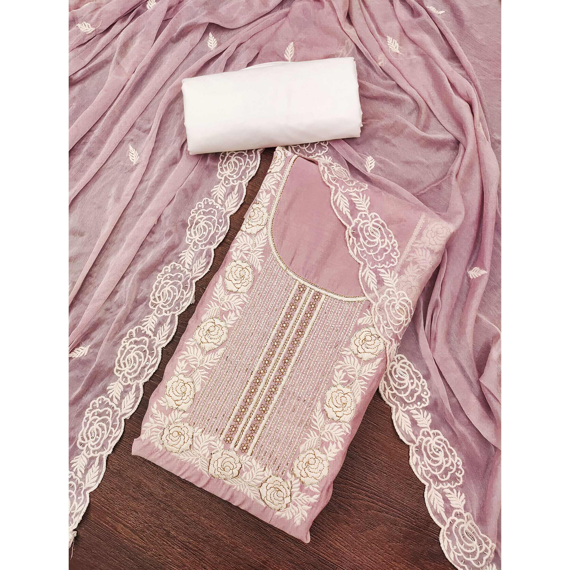 Dusty Mauve Cotton Silk Dress Material Embellished With Floral Embroidery & Intricate Handwork